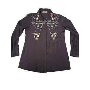 Vintage Cavori Top Womens Size L Black Embroidered Hidden Button Up Long Sleeve